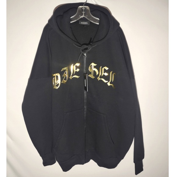 Diesel Men Black Full Zip Hoodie Gold Gothic Logo XL Made in Bulgaria